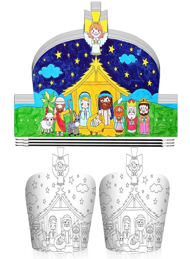 ReliThick 24 Pcs Christmas Nativity Scene Craft Kit Color Your Own Christmas Christian Paper Crowns Religious DIY Crafts with Elastic Cord for Home Church Party Activities - Image 1